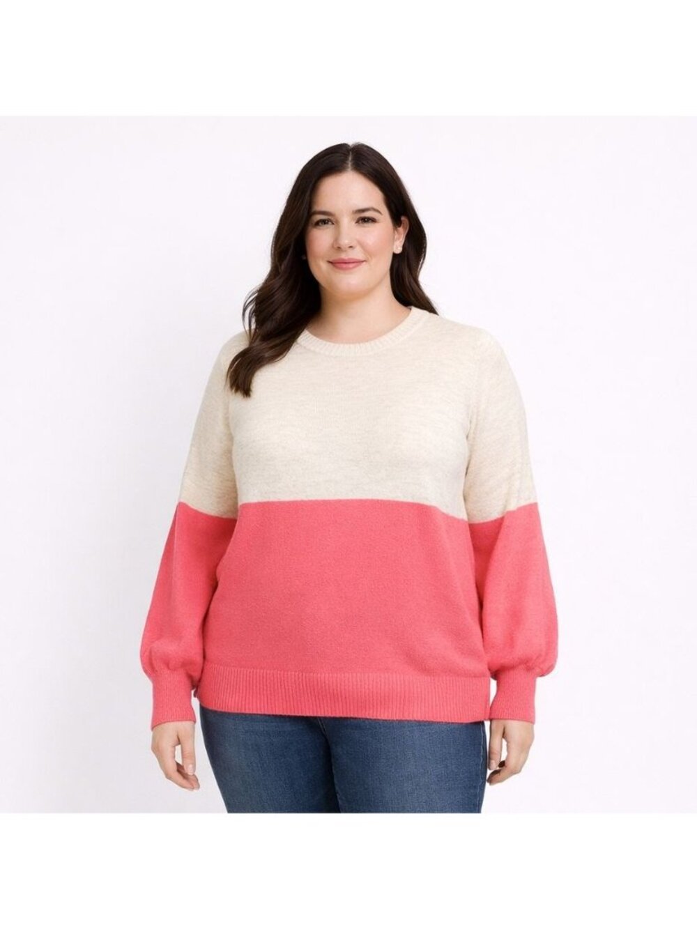 NEW Womens Crown Ivy Bishop Sleeve Color Block Sweater Pink Oatmeal Plus Size 1X